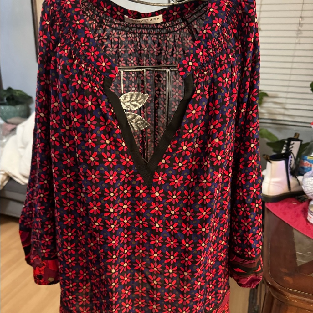 Trina Turk Red Bishop Sleeve Embellished Top